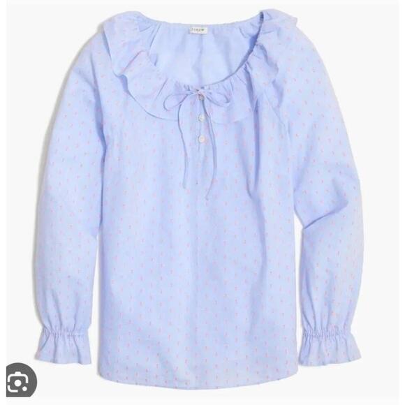 NWT J Crew Ctn Chambray Dobby Blue Ruffled Peasant Blouse Long Sleeve - Picture 3 of 9